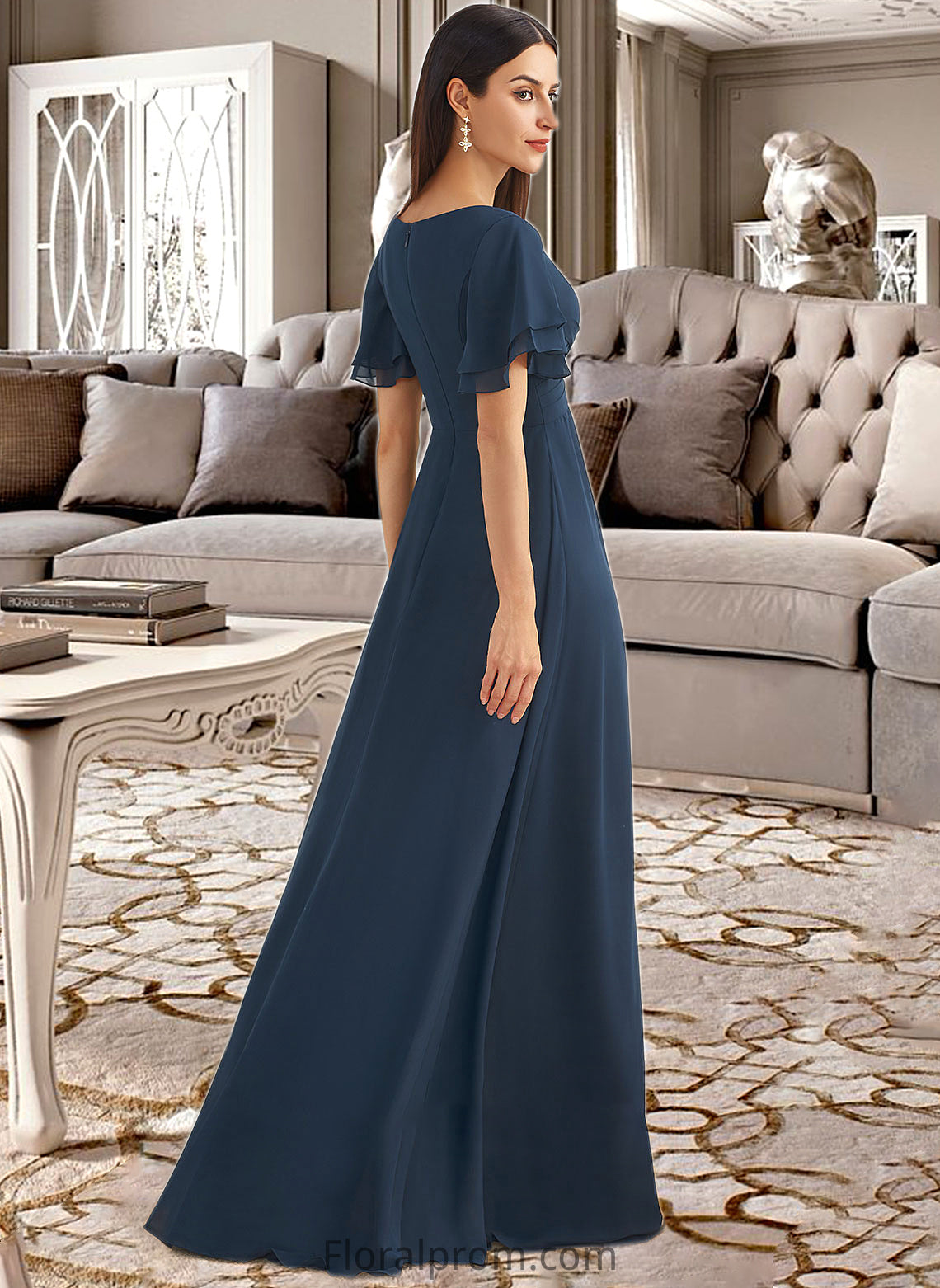 Undine A-Line V-neck Floor-Length Bridesmaid Dress With Split Front HJP0012781