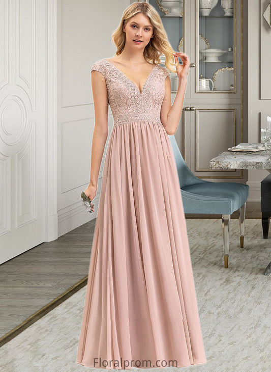 Tracy A-line V-Neck Floor-Length Chiffon Lace Bridesmaid Dress HJP0012786