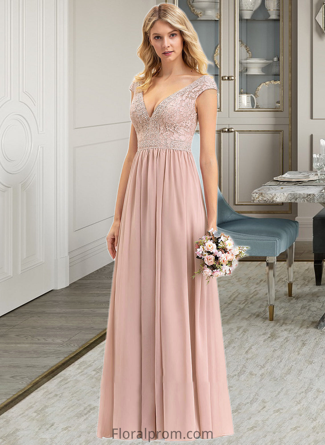 Tracy A-line V-Neck Floor-Length Chiffon Lace Bridesmaid Dress HJP0012786