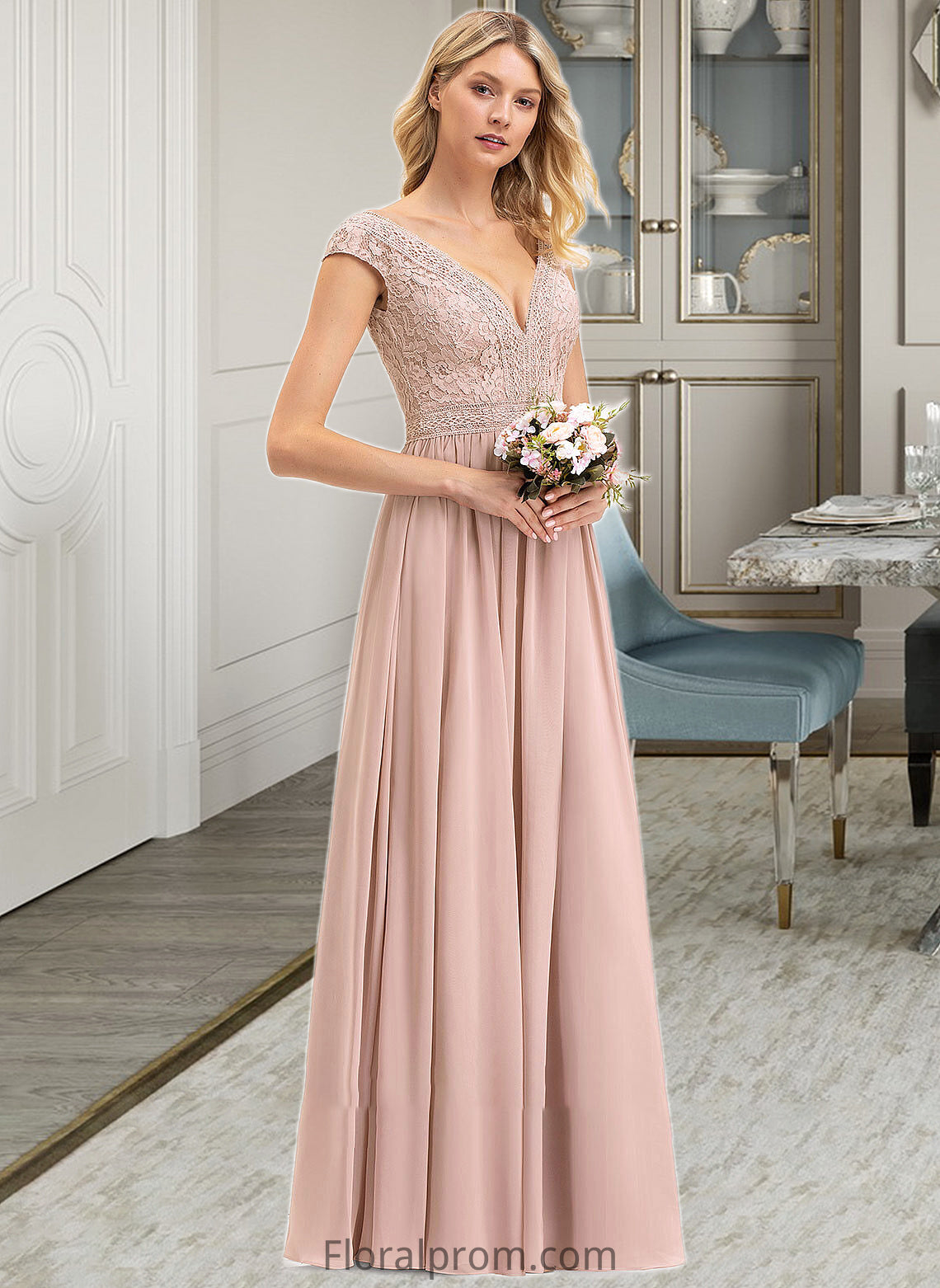 Tracy A-line V-Neck Floor-Length Chiffon Lace Bridesmaid Dress HJP0012786