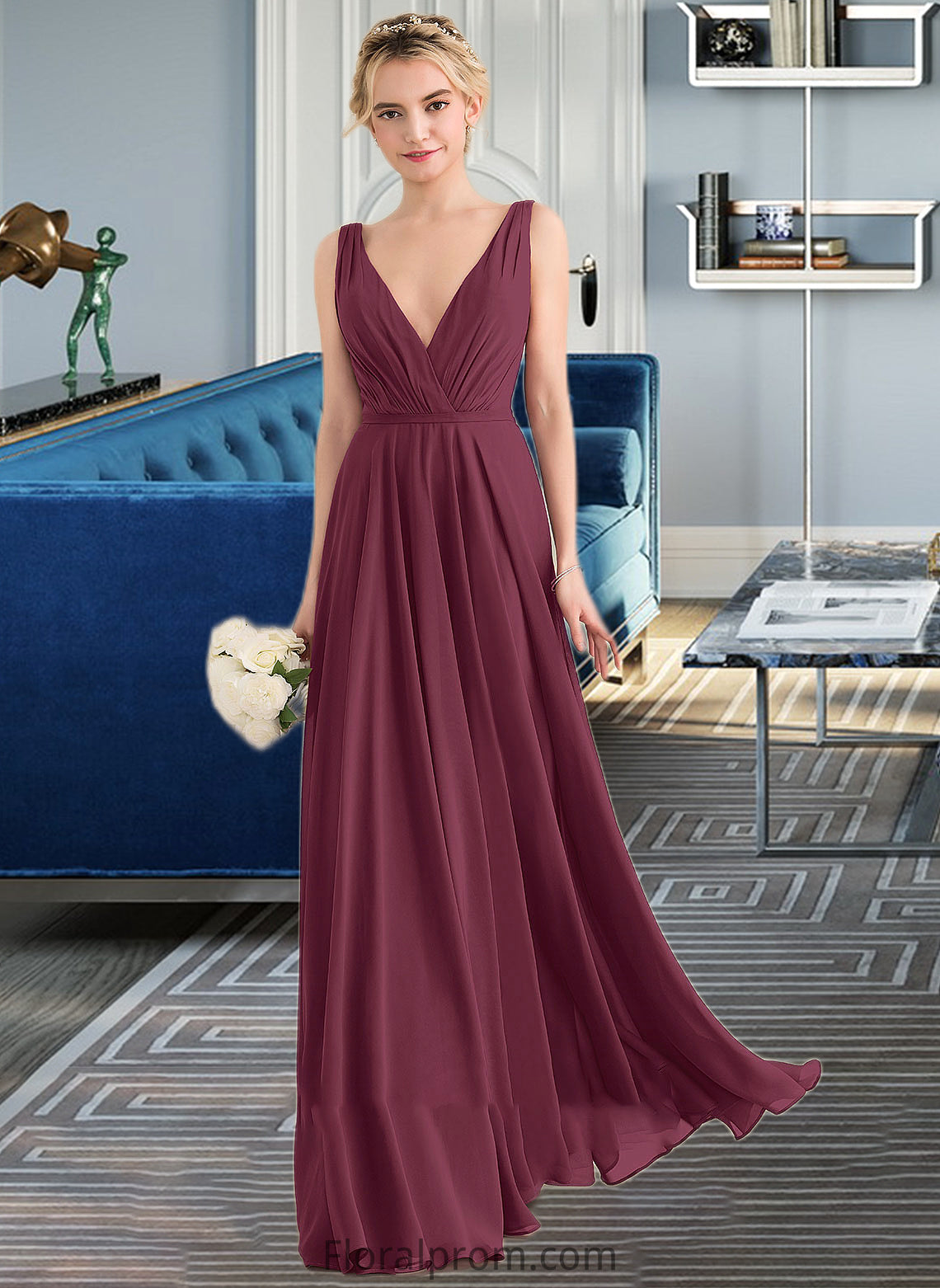 Yoselin A-Line V-neck Floor-Length Chiffon Bridesmaid Dress With Ruffle HJP0012789