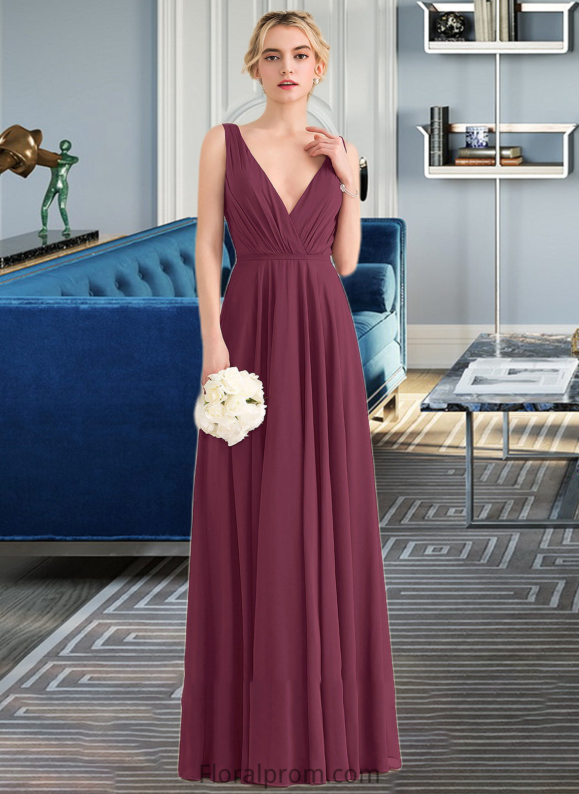 Yoselin A-Line V-neck Floor-Length Chiffon Bridesmaid Dress With Ruffle HJP0012789