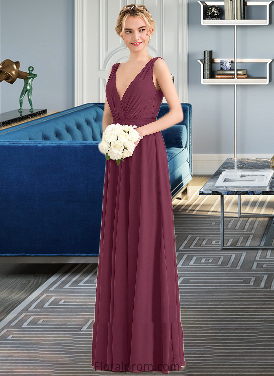 Yoselin A-Line V-neck Floor-Length Chiffon Bridesmaid Dress With Ruffle HJP0012789