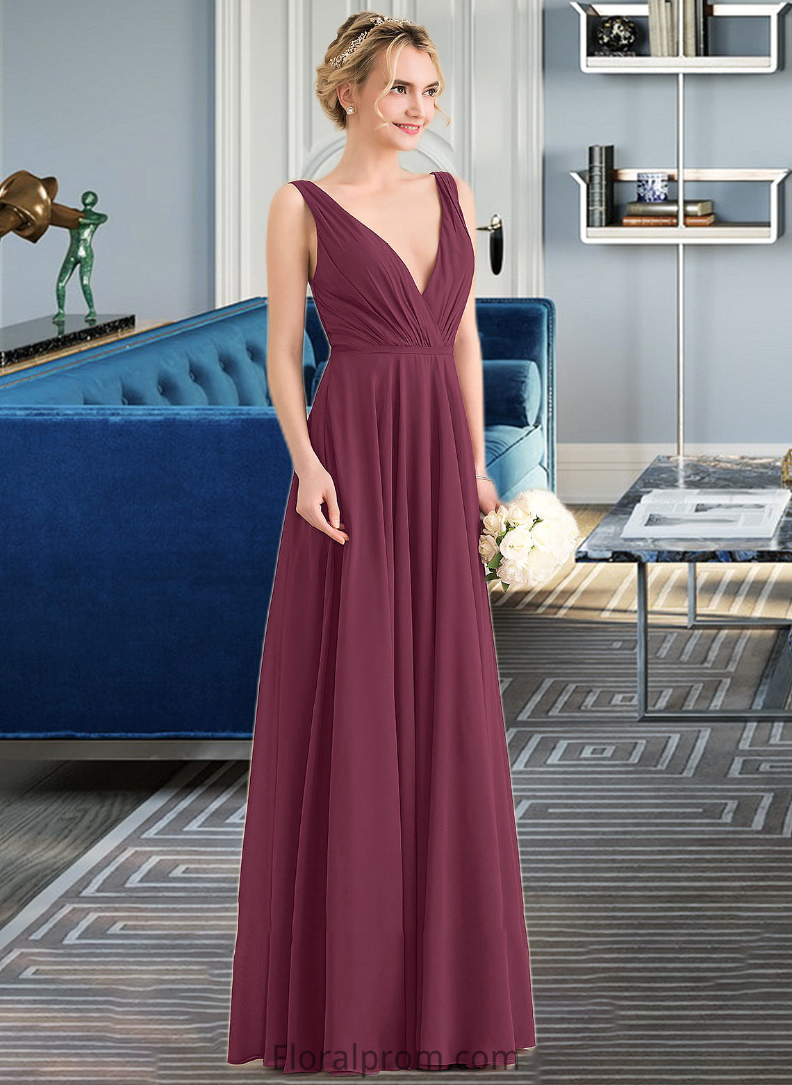 Yoselin A-Line V-neck Floor-Length Chiffon Bridesmaid Dress With Ruffle HJP0012789