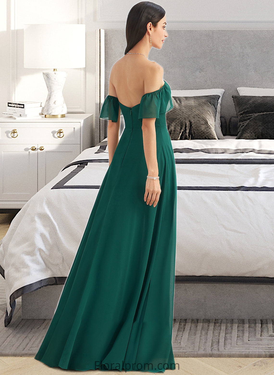 Yesenia A-Line Off-the-Shoulder Floor-Length Bridesmaid Dress With Split Front HJP0012802