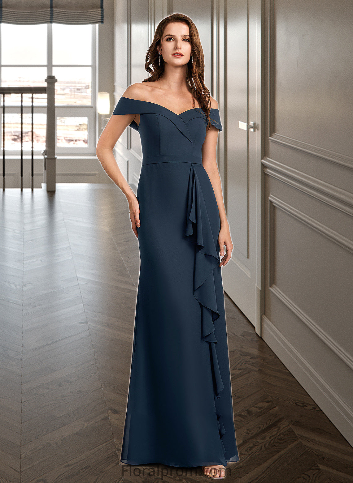 Undine A-Line Off-the-Shoulder Floor-Length Bridesmaid Dress With Ruffle HJP0012807