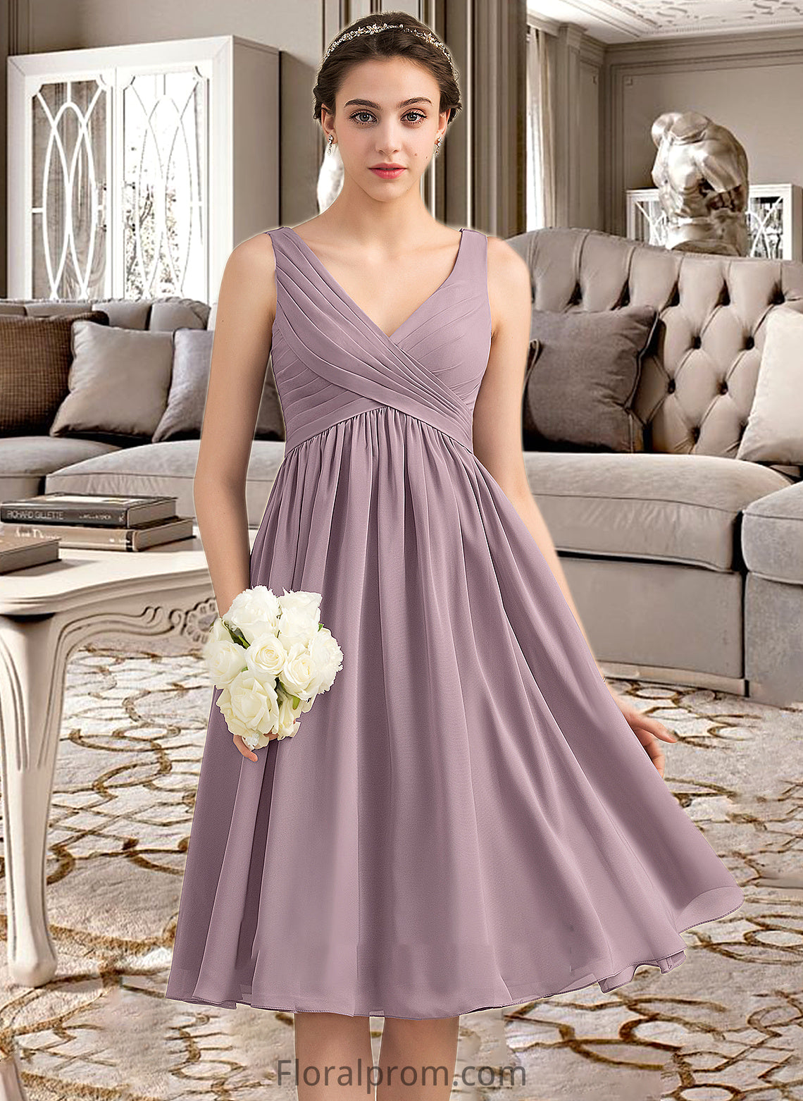 Yesenia Empire V-Neck Knee-Length Chiffon Bridesmaid Dress With Cascading Ruffles HJP0012901