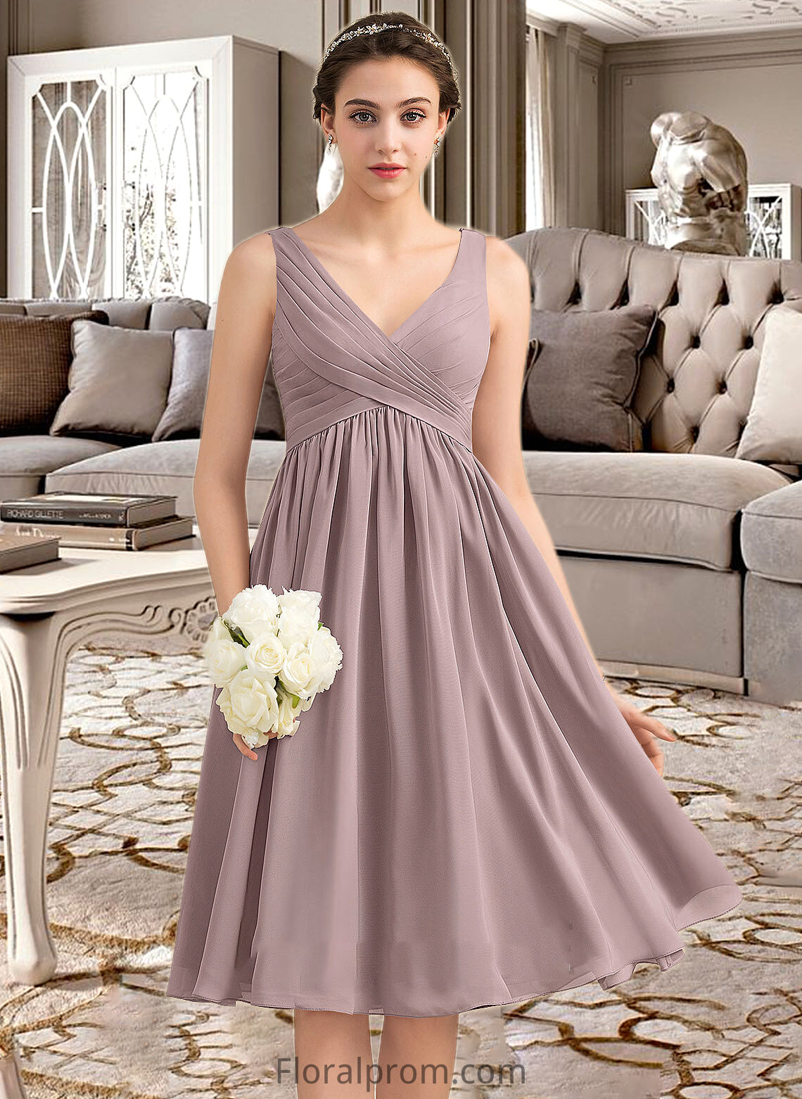 Yesenia Empire V-Neck Knee-Length Chiffon Bridesmaid Dress With Cascading Ruffles HJP0012901