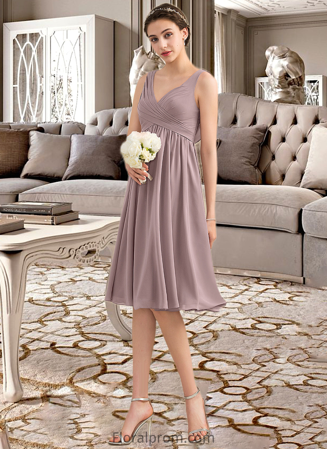 Yesenia Empire V-Neck Knee-Length Chiffon Bridesmaid Dress With Cascading Ruffles HJP0012901