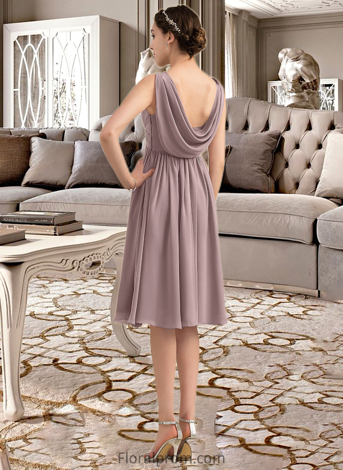 Yesenia Empire V-Neck Knee-Length Chiffon Bridesmaid Dress With Cascading Ruffles HJP0012901