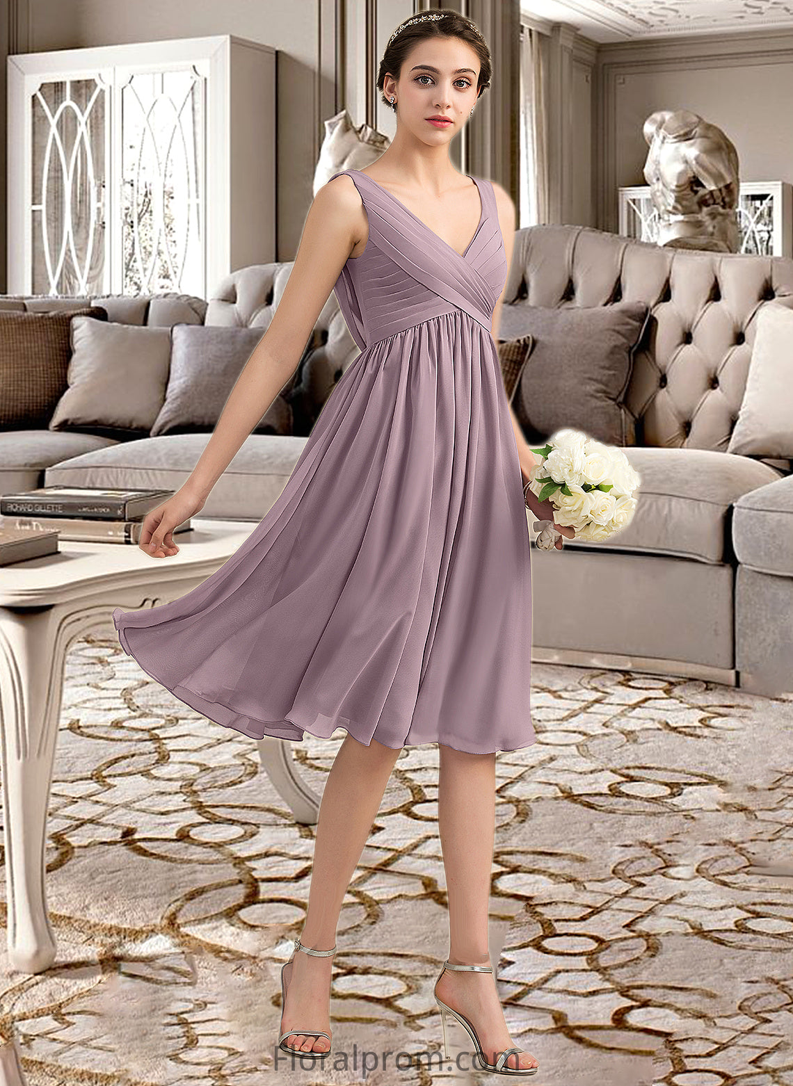 Yesenia Empire V-Neck Knee-Length Chiffon Bridesmaid Dress With Cascading Ruffles HJP0012901