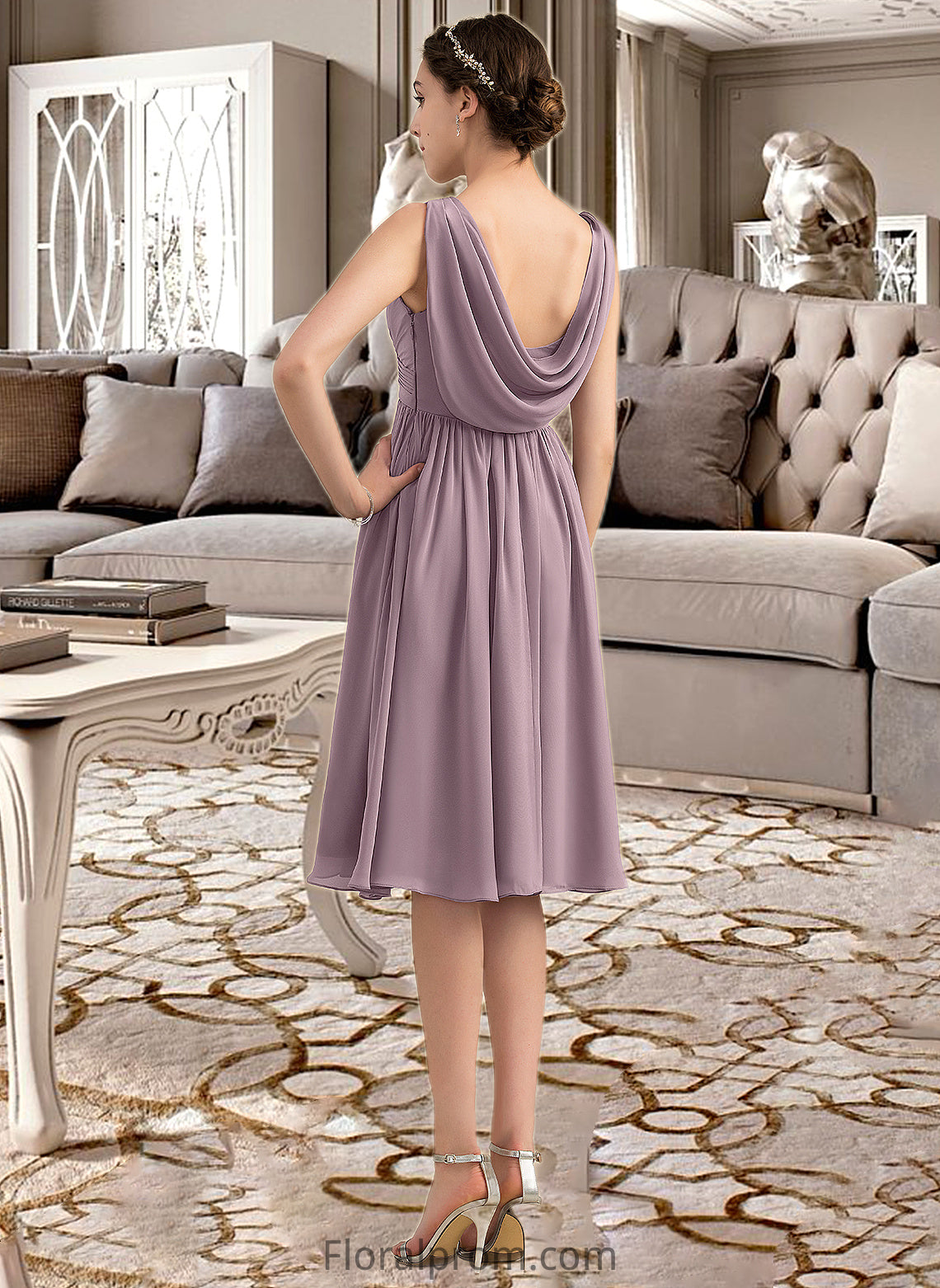 Yesenia Empire V-Neck Knee-Length Chiffon Bridesmaid Dress With Cascading Ruffles HJP0012901