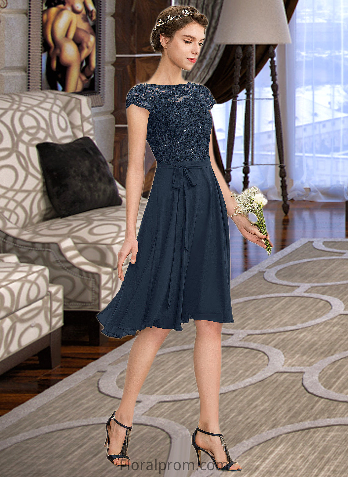 Wendy A-Line Scoop Neck Knee-Length Chiffon Lace Bridesmaid Dress With Sequins Bow(s) HJP0012929