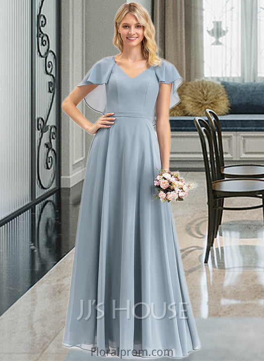 Winnie A-line V-Neck Floor-Length Chiffon Bridesmaid Dress With Cascading Ruffles HJP0012962