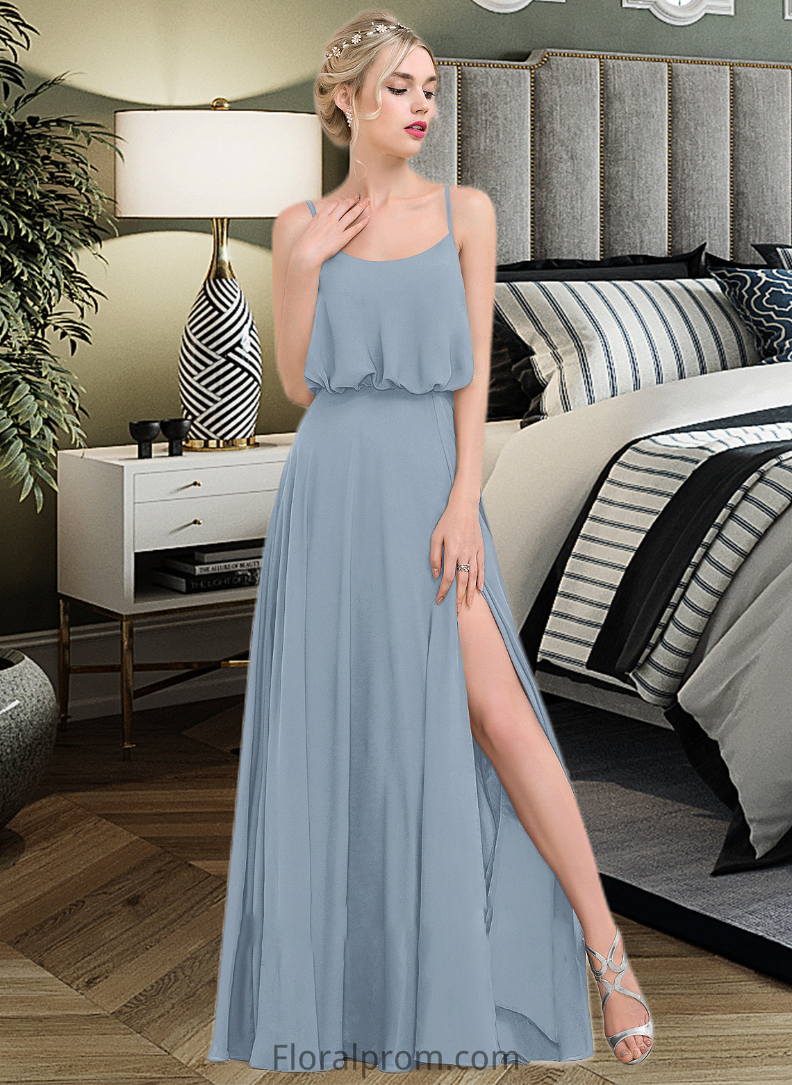 Victoria A-Line Square Neckline Floor-Length Chiffon Bridesmaid Dress With Split Front HJP0012992