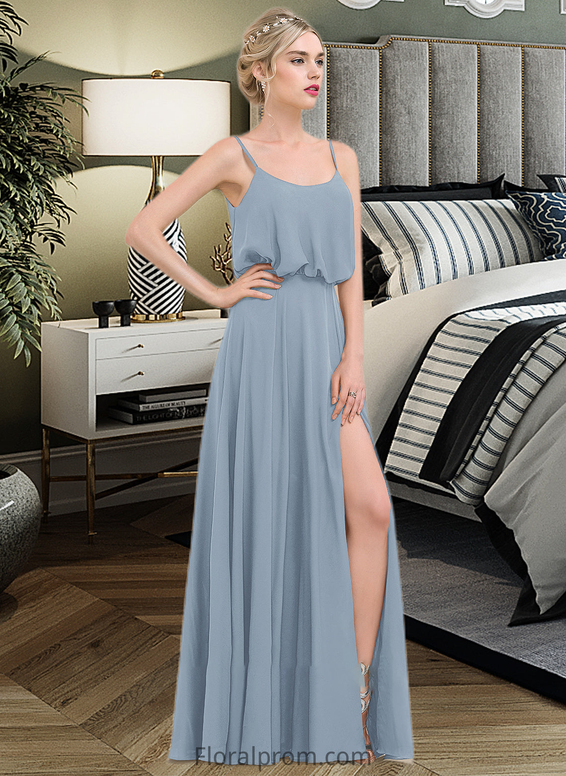 Victoria A-Line Square Neckline Floor-Length Chiffon Bridesmaid Dress With Split Front HJP0012992