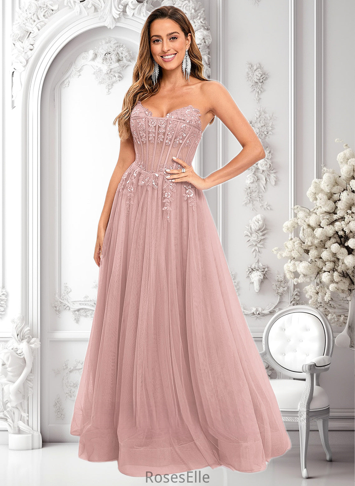 Mckenna Ball-Gown/Princess V-Neck Floor-Length Tulle Prom Dresses With Sequins Appliques Lace HJP0025837