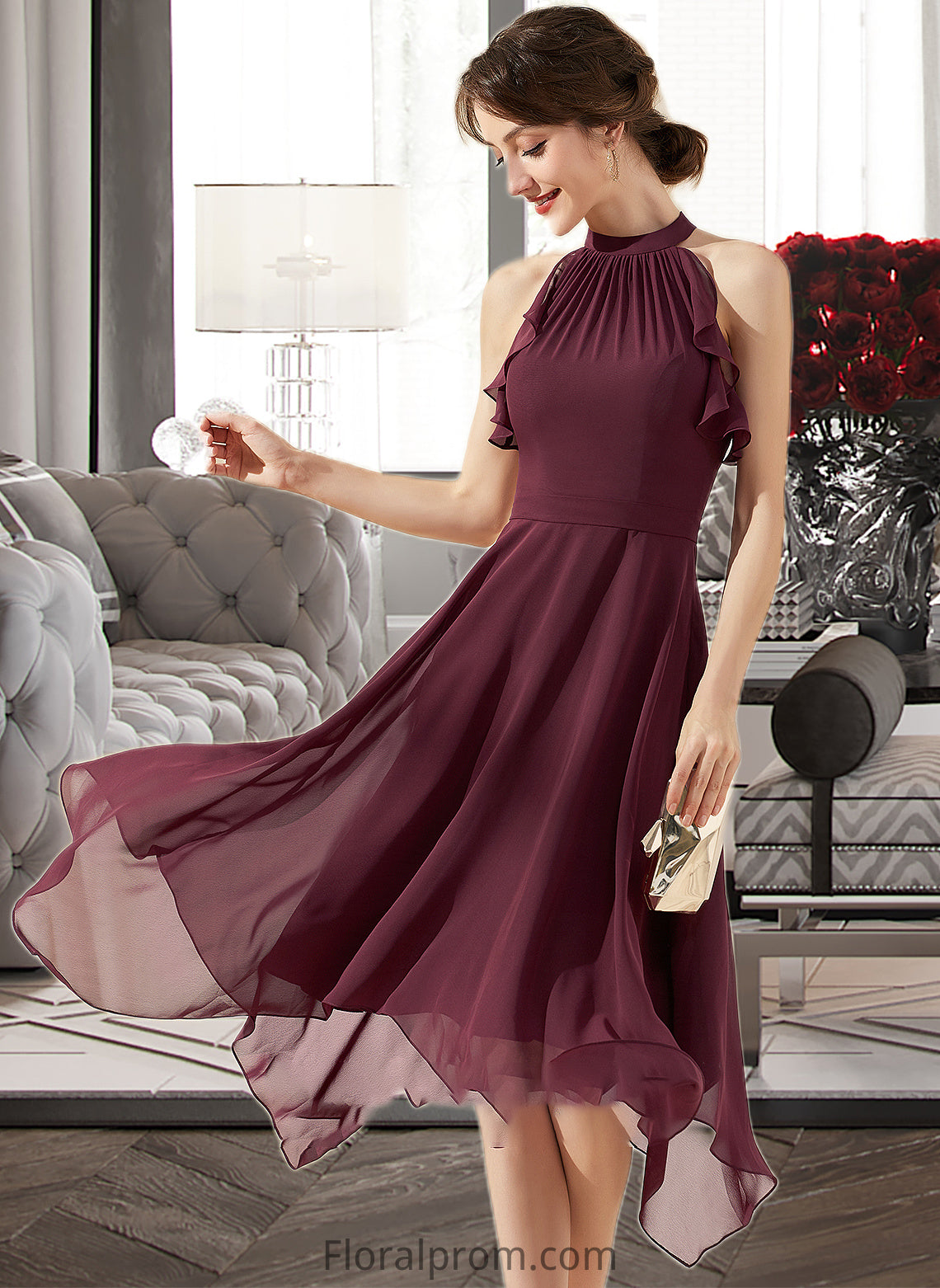 Uerica A-Line Scoop Neck Tea-Length Chiffon Bridesmaid Dress With Cascading Ruffles HJP0013016