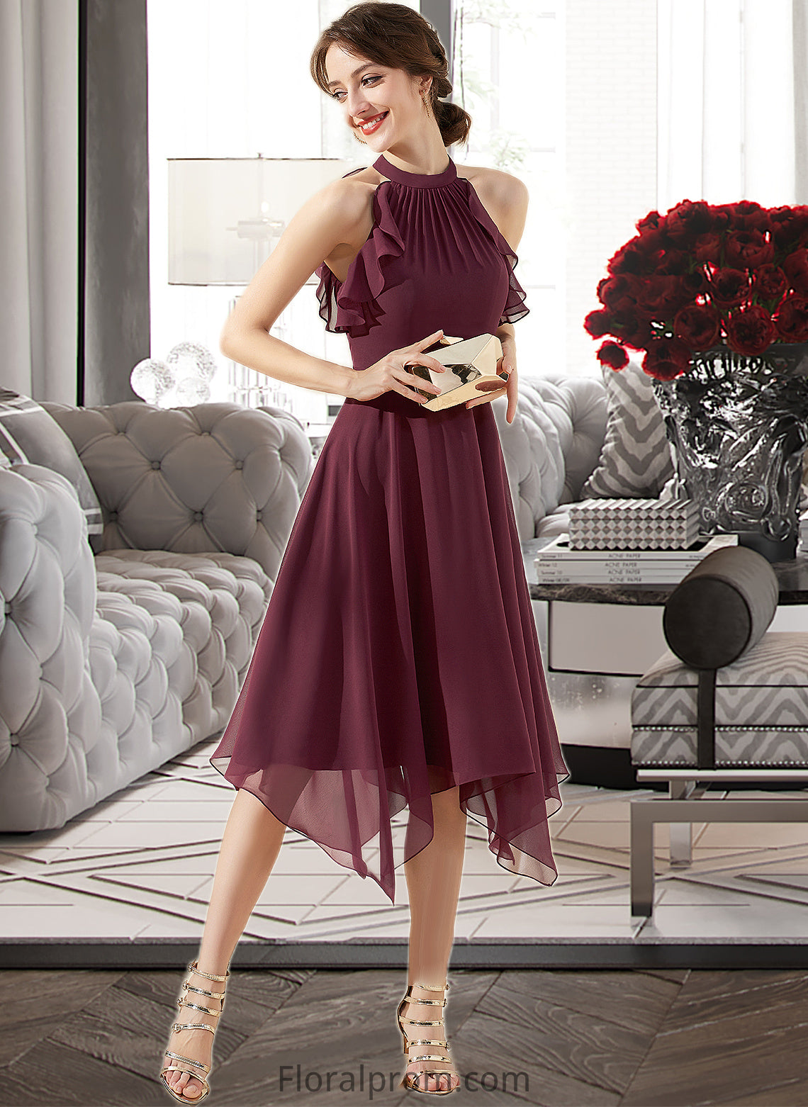 Uerica A-Line Scoop Neck Tea-Length Chiffon Bridesmaid Dress With Cascading Ruffles HJP0013016