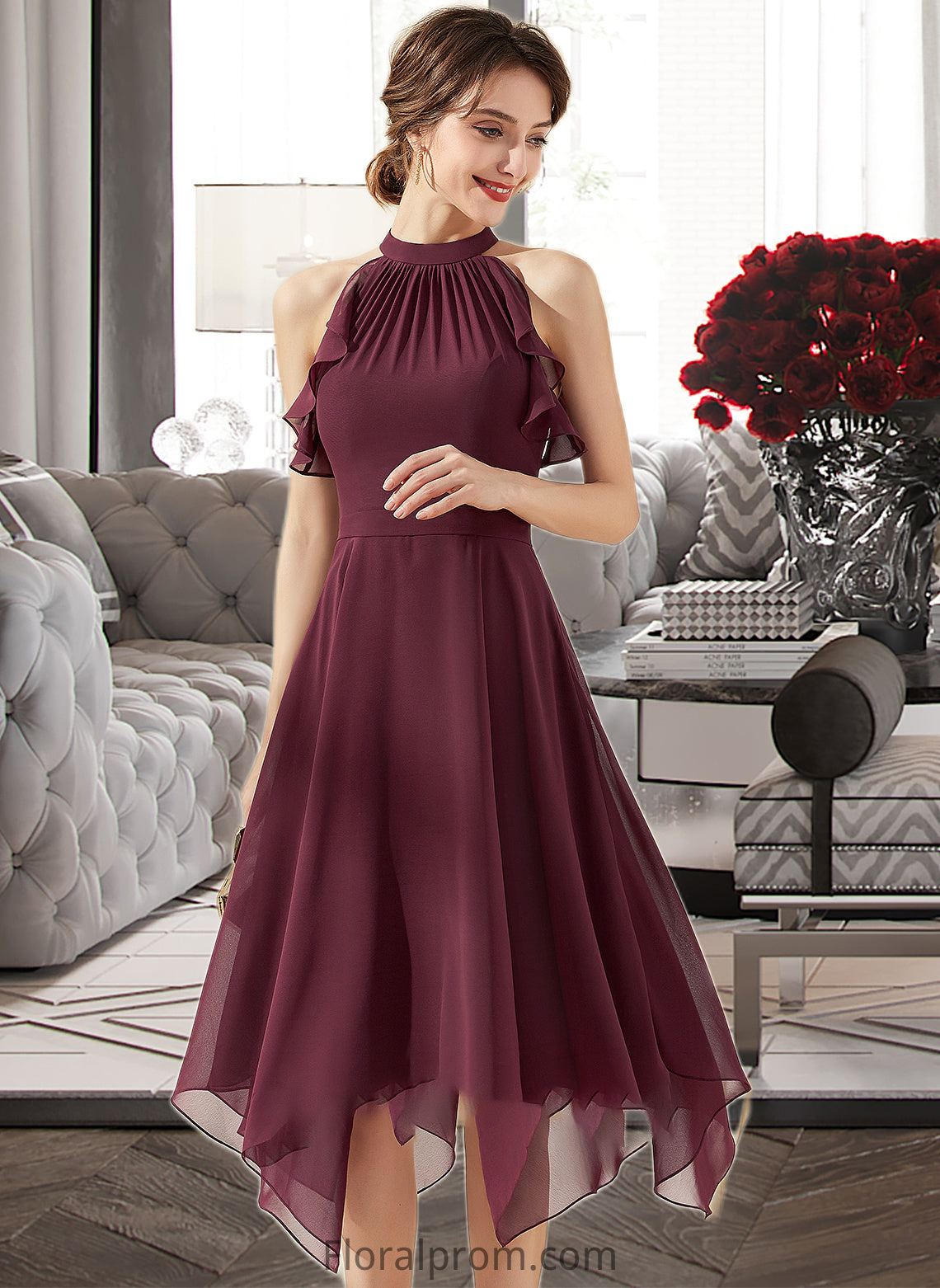 Uerica A-Line Scoop Neck Tea-Length Chiffon Bridesmaid Dress With Cascading Ruffles HJP0013016