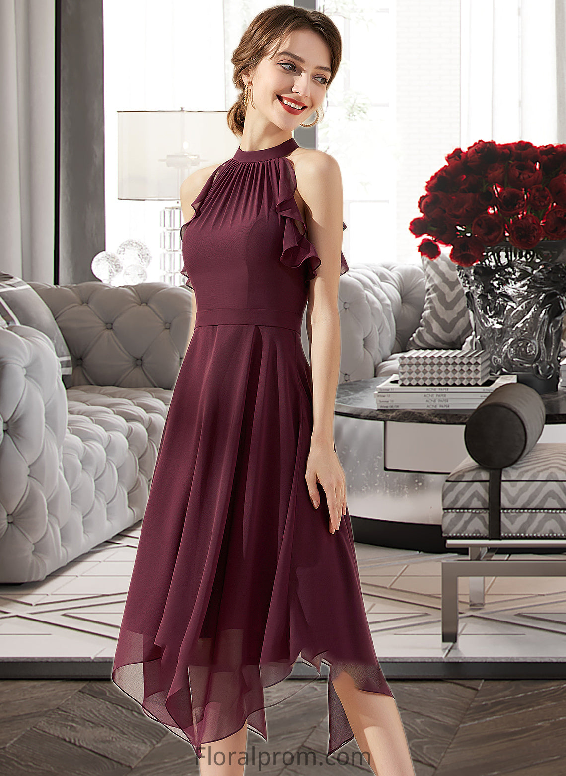 Uerica A-Line Scoop Neck Tea-Length Chiffon Bridesmaid Dress With Cascading Ruffles HJP0013016