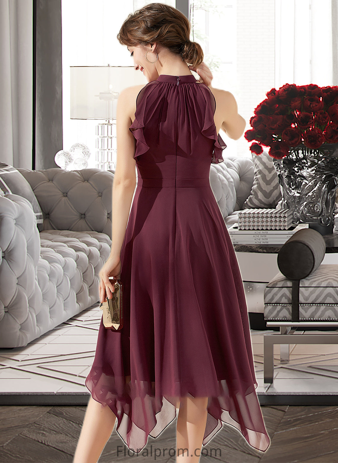 Uerica A-Line Scoop Neck Tea-Length Chiffon Bridesmaid Dress With Cascading Ruffles HJP0013016