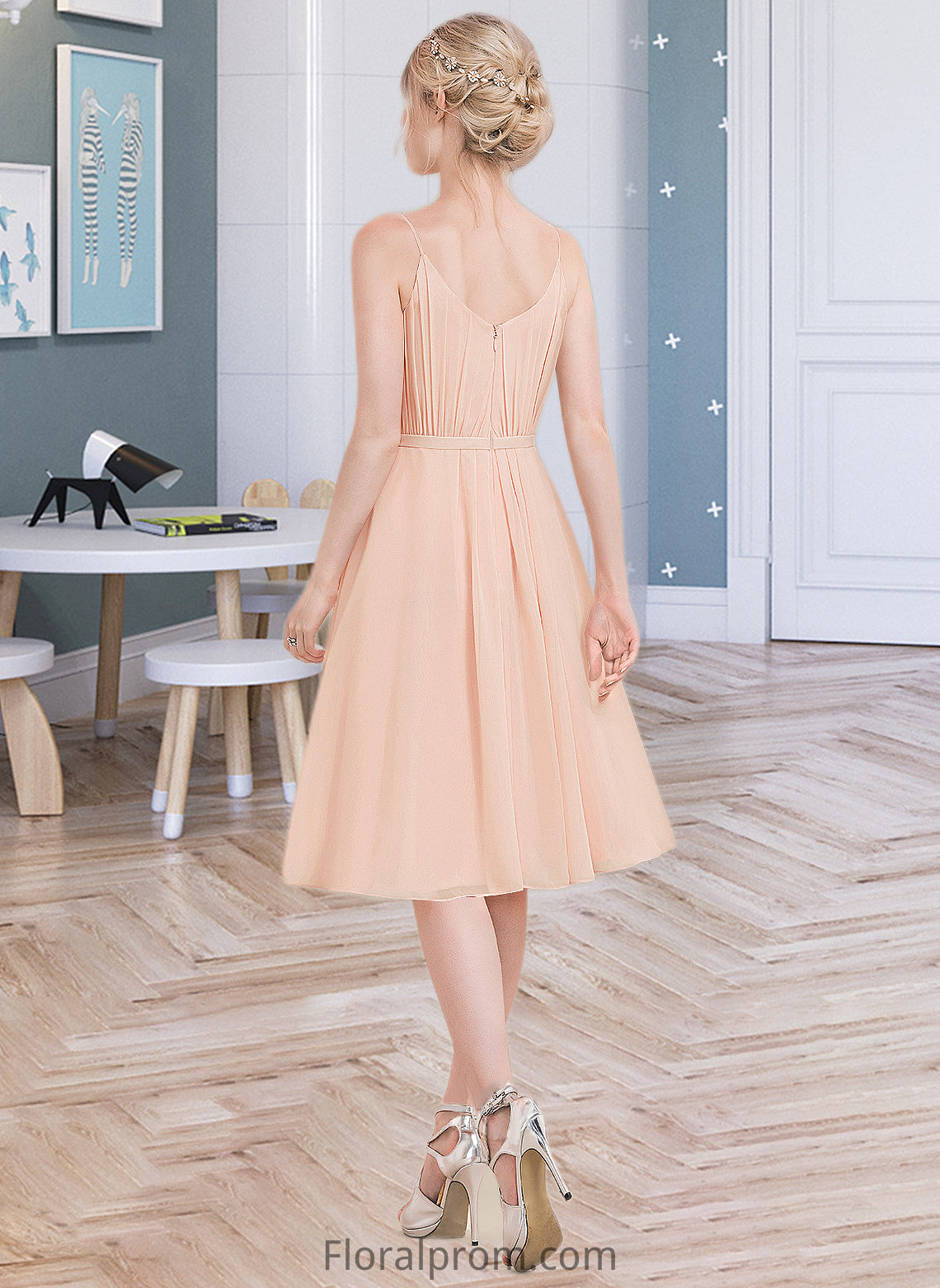 Ximena A-line V-Neck Knee-Length Chiffon Bridesmaid Dress With Ruffle HJP0013053