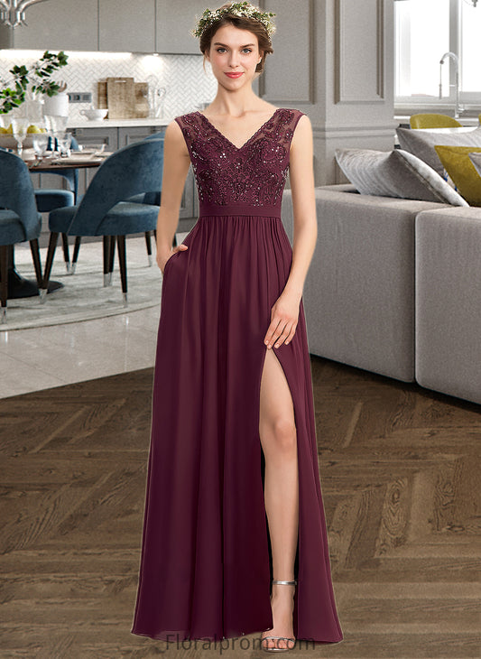 Ximena A-Line V-neck Floor-Length Chiffon Lace Bridesmaid Dress With Beading Sequins Split Front Pockets HJP0013168