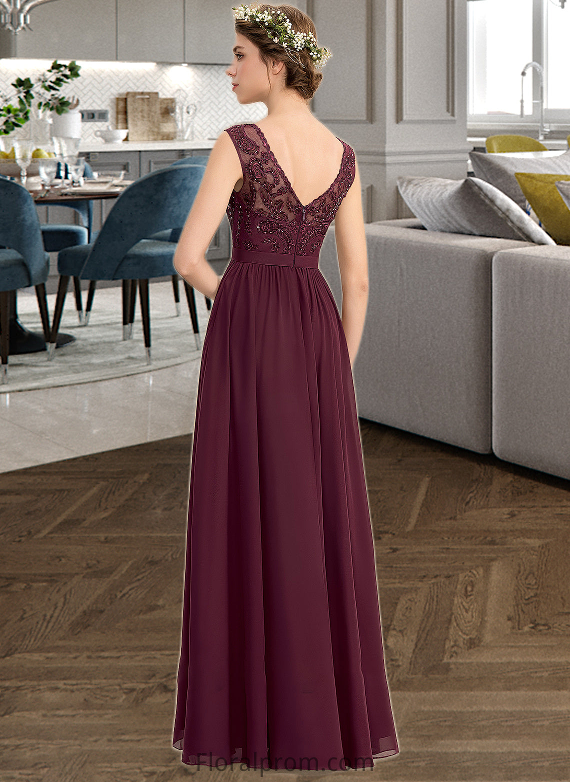 Ximena A-Line V-neck Floor-Length Chiffon Lace Bridesmaid Dress With Beading Sequins Split Front Pockets HJP0013168