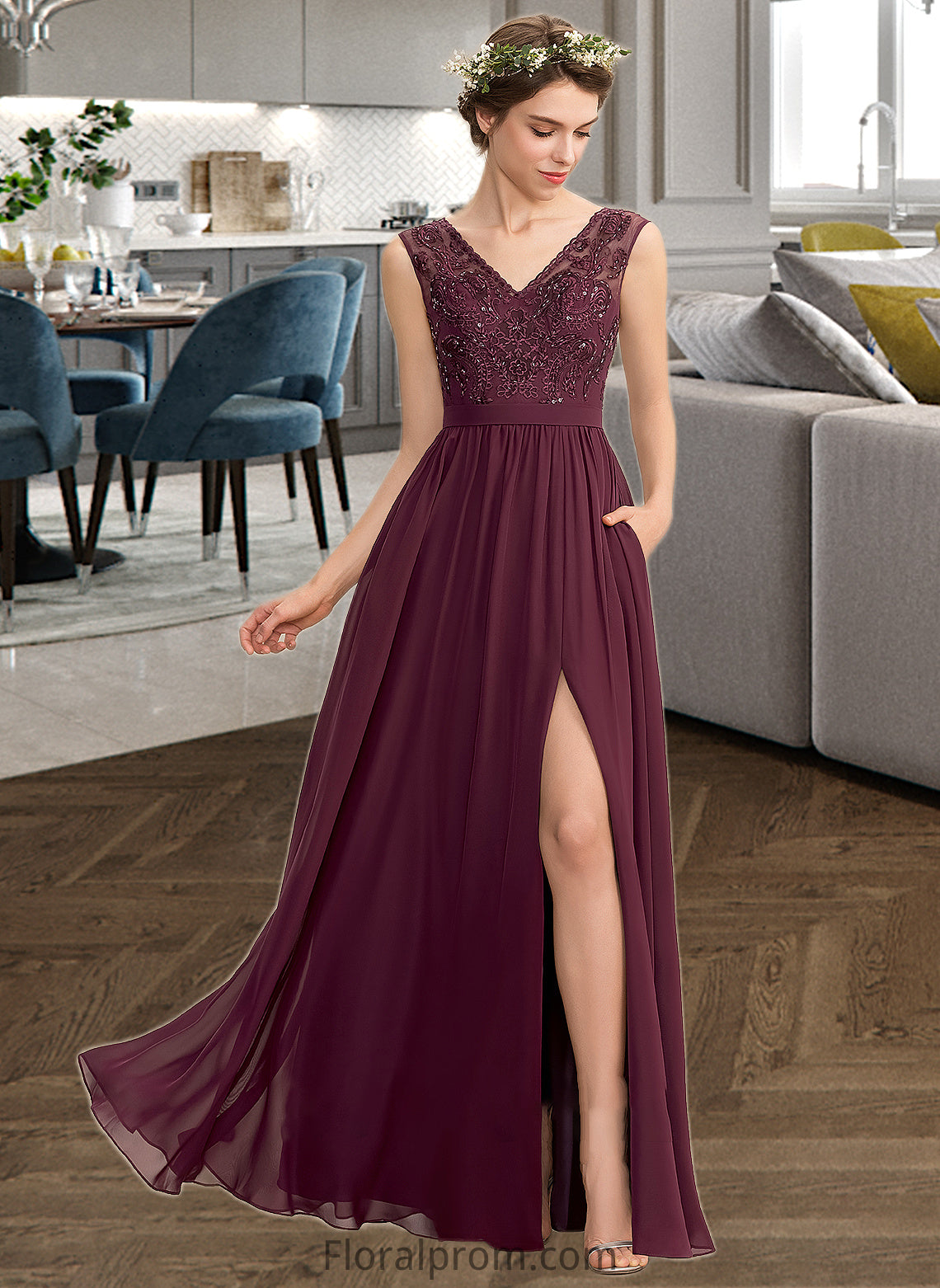 Ximena A-Line V-neck Floor-Length Chiffon Lace Bridesmaid Dress With Beading Sequins Split Front Pockets HJP0013168