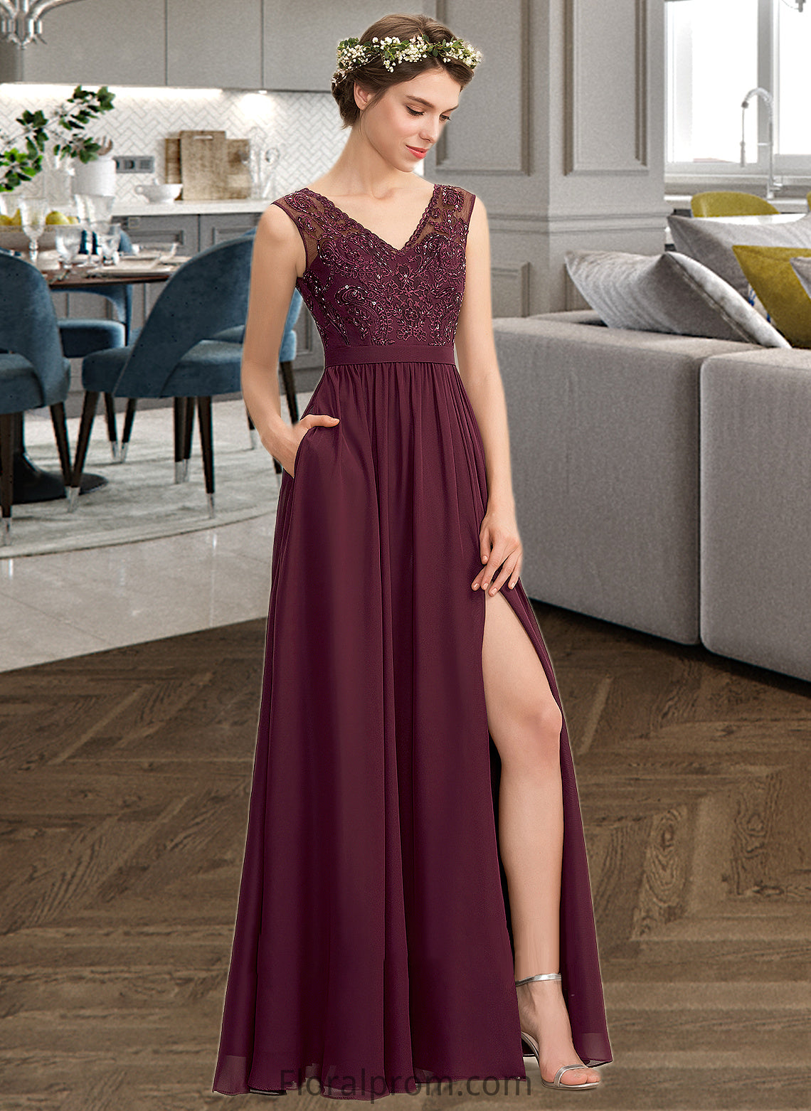 Ximena A-Line V-neck Floor-Length Chiffon Lace Bridesmaid Dress With Beading Sequins Split Front Pockets HJP0013168