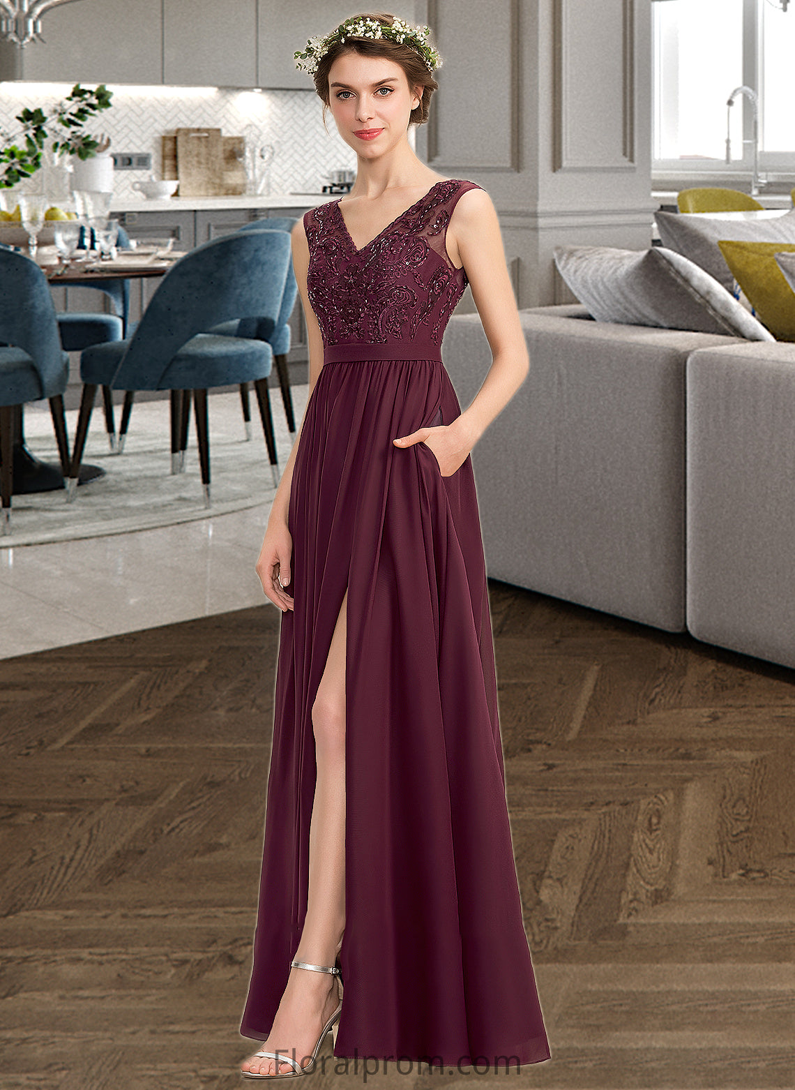 Ximena A-Line V-neck Floor-Length Chiffon Lace Bridesmaid Dress With Beading Sequins Split Front Pockets HJP0013168