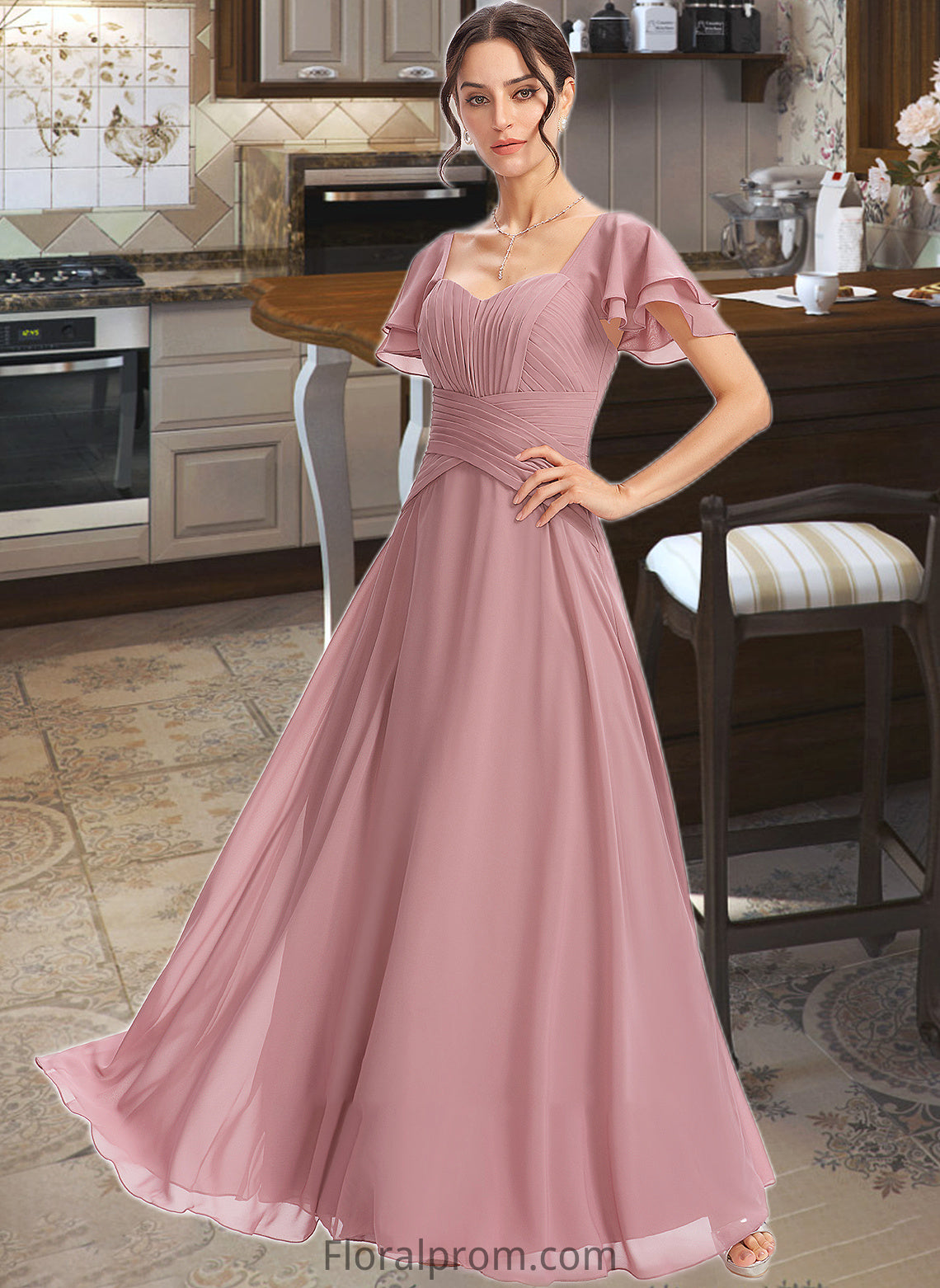 Vera A-Line Square Neckline Floor-Length Bridesmaid Dress With Ruffle Cascading Ruffles HJP0013172