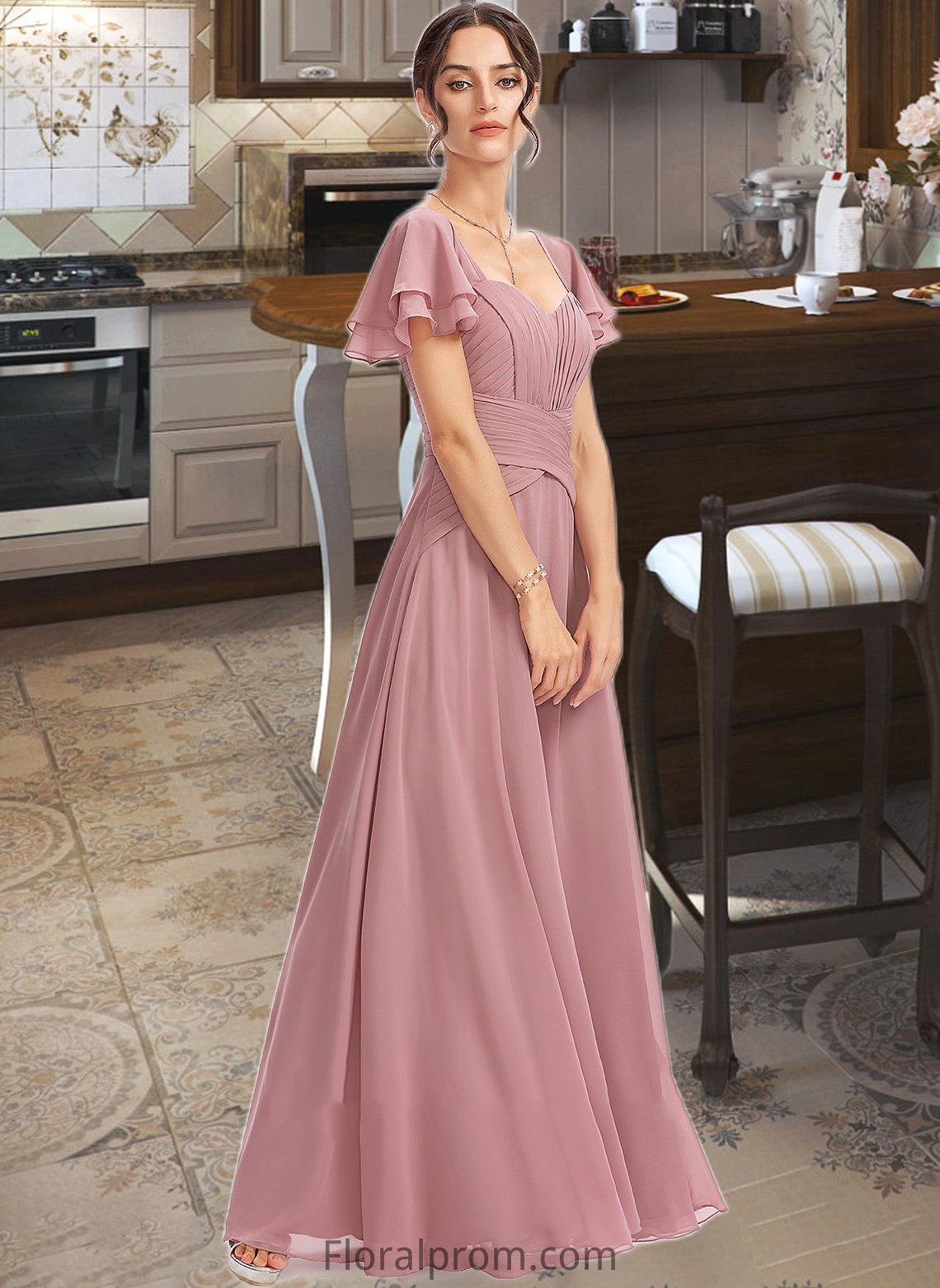 Vera A-Line Square Neckline Floor-Length Bridesmaid Dress With Ruffle Cascading Ruffles HJP0013172