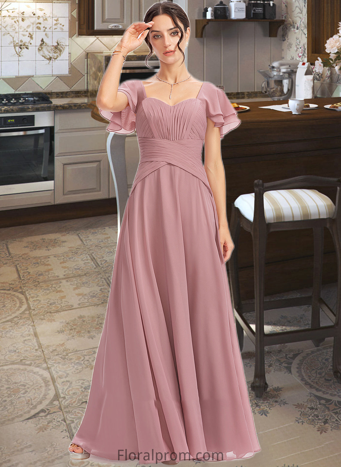 Vera A-Line Square Neckline Floor-Length Bridesmaid Dress With Ruffle Cascading Ruffles HJP0013172