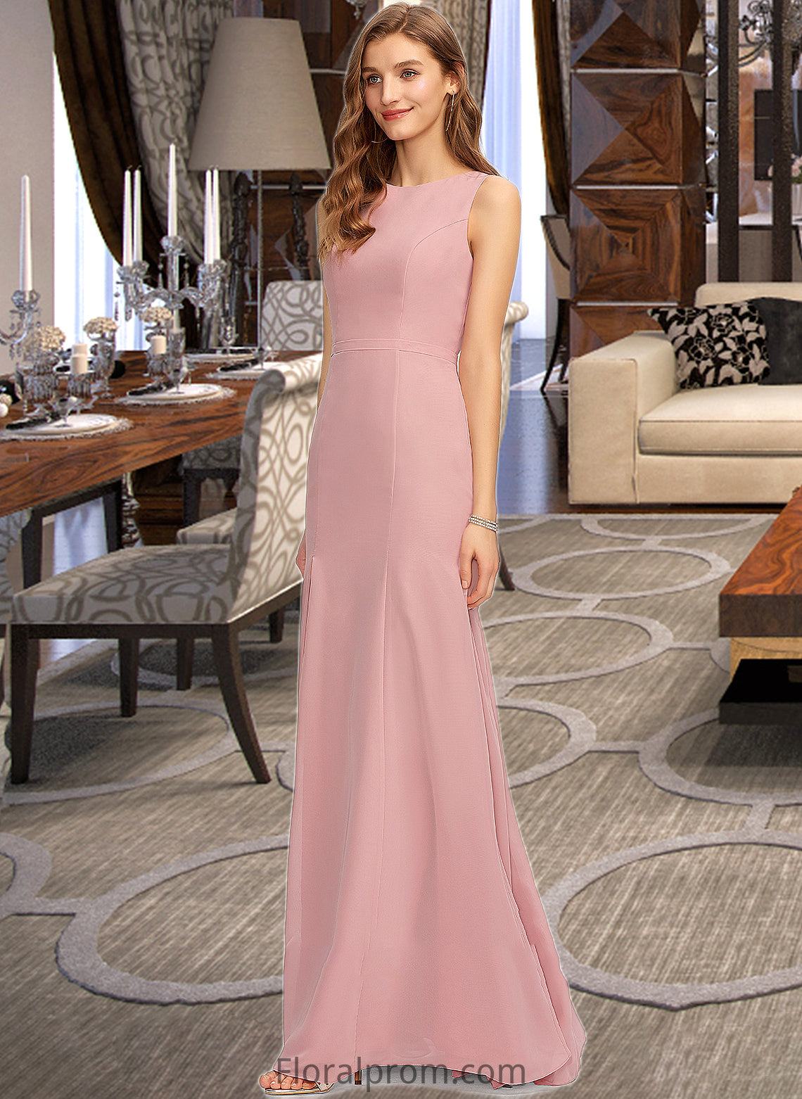 Vivien Sheath/Column Scoop Neck Floor-Length Chiffon Bridesmaid Dress With Split Front HJP0013179