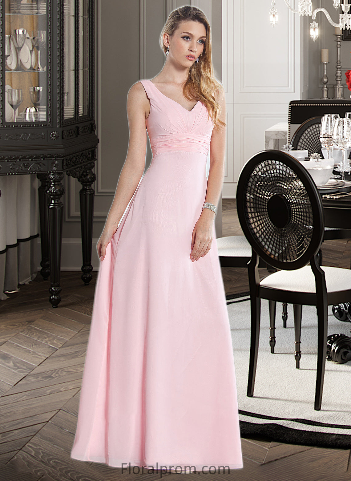 Toni Empire V-Neck Floor-Length Chiffon Bridesmaid Dress With Ruffle HJP0013196