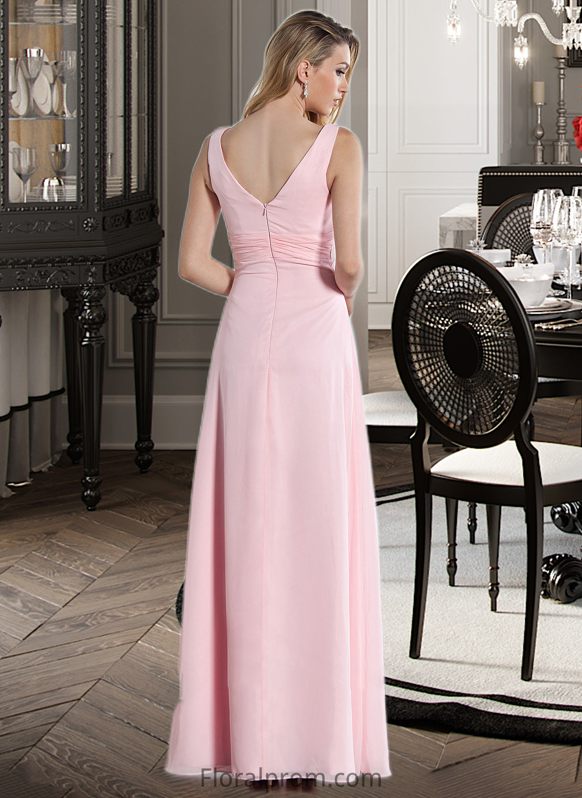 Toni Empire V-Neck Floor-Length Chiffon Bridesmaid Dress With Ruffle HJP0013196