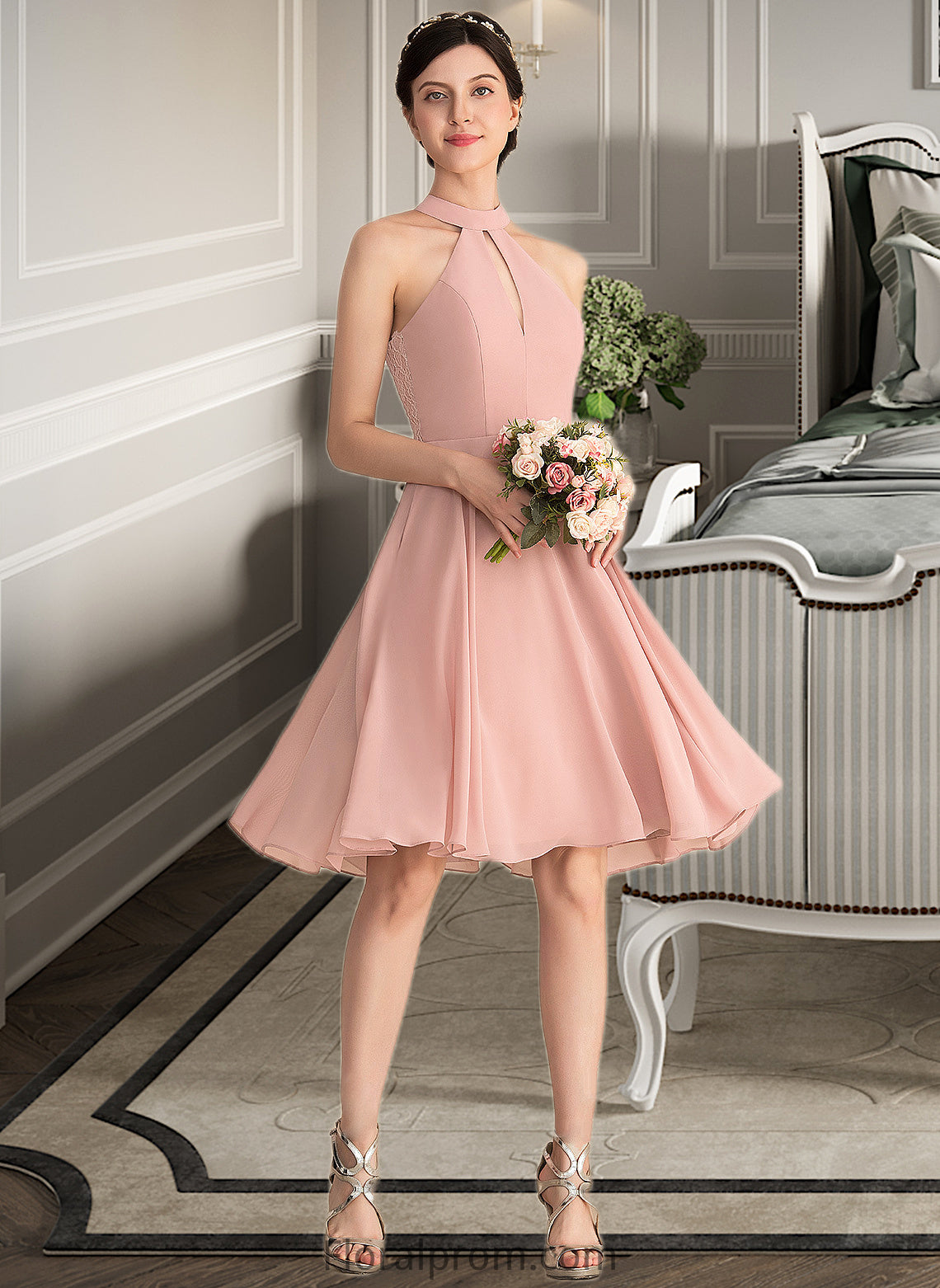 Val A-Line Scoop Neck Knee-Length Chiffon Bridesmaid Dress With Lace Pockets HJP0013249