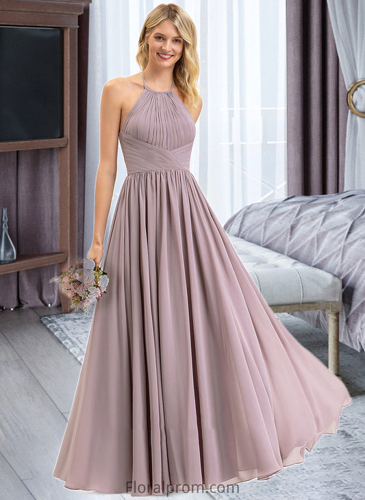 Vicky Empire Halter Floor-Length Chiffon Bridesmaid Dress With Ruffle Bow(s) HJP0013258