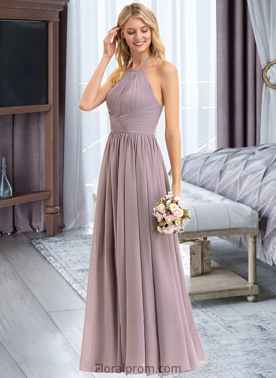 Vicky Empire Halter Floor-Length Chiffon Bridesmaid Dress With Ruffle Bow(s) HJP0013258