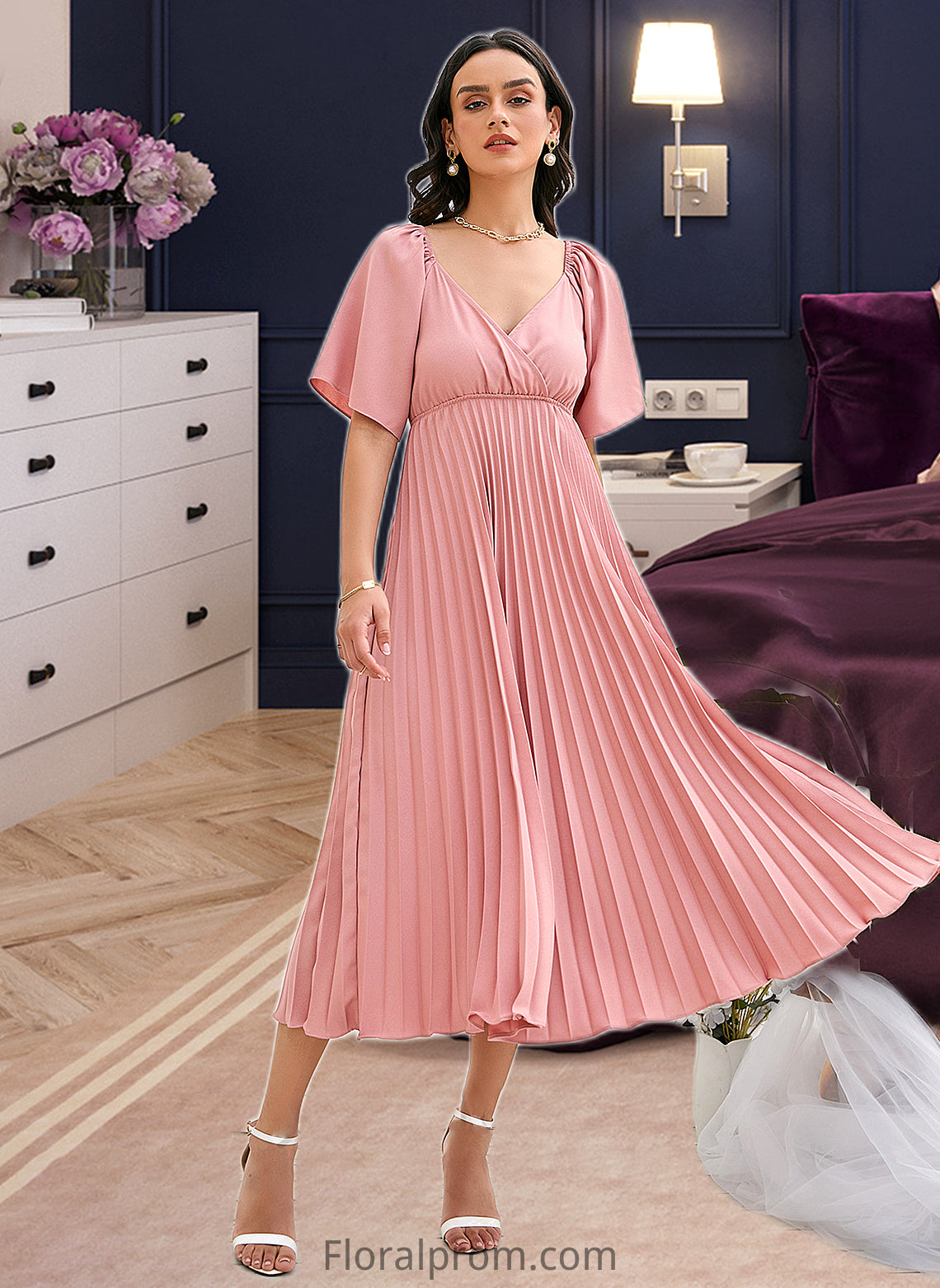 Tori A-LineV-neckTea-LengthBridesmaidDressWithPleated#273656 HJP0013273