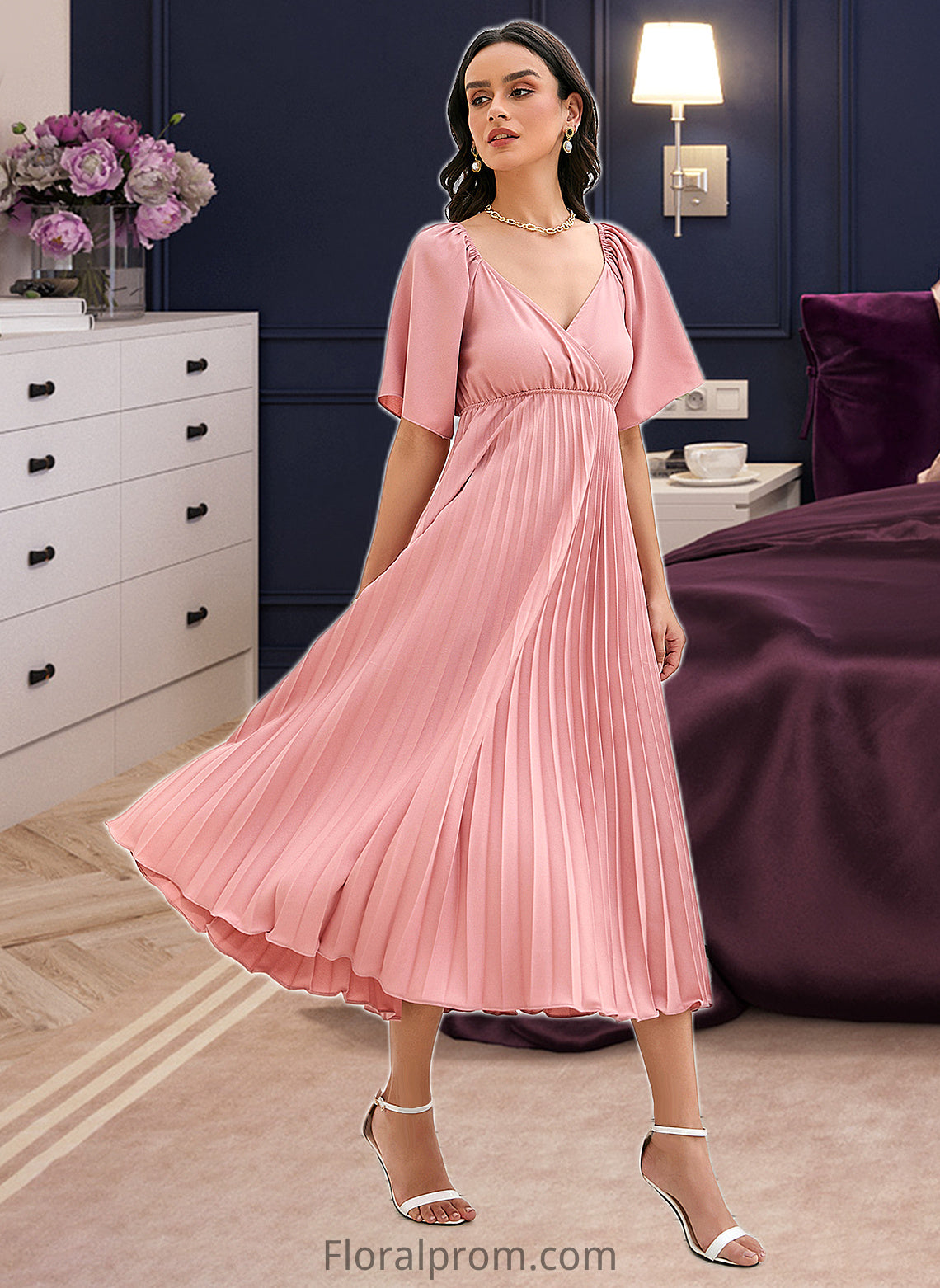 Tori A-LineV-neckTea-LengthBridesmaidDressWithPleated#273656 HJP0013273