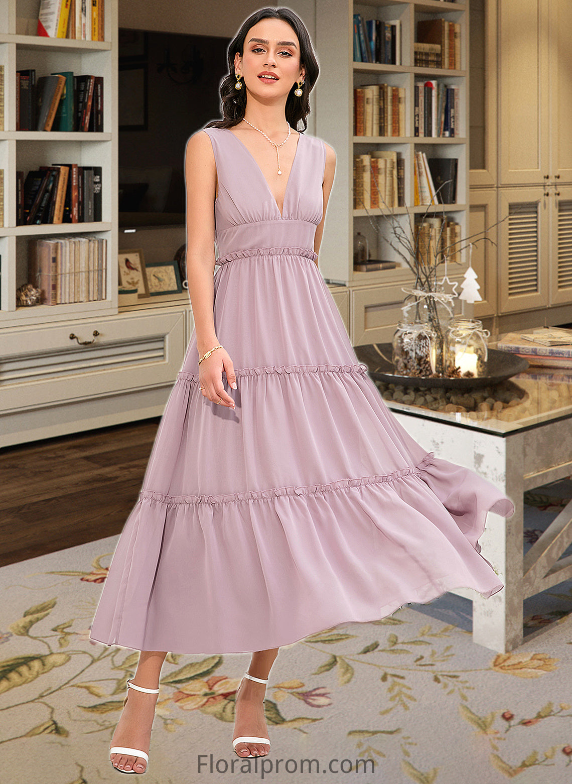 Gladys A-LineV-neckTea-LengthBridesmaidDress#273655 HJP0013290