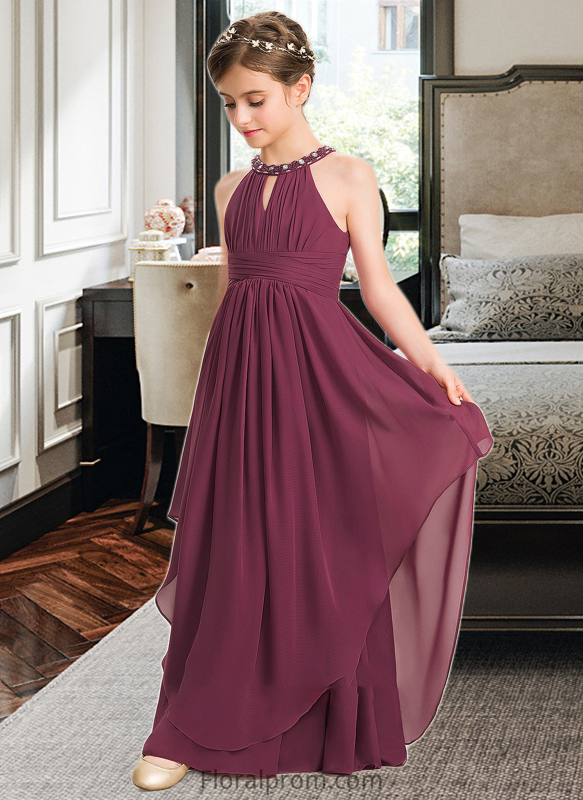 Yaretzi A-Line Scoop Neck Floor-Length Chiffon Junior Bridesmaid Dress With Ruffle Beading HJP0013313