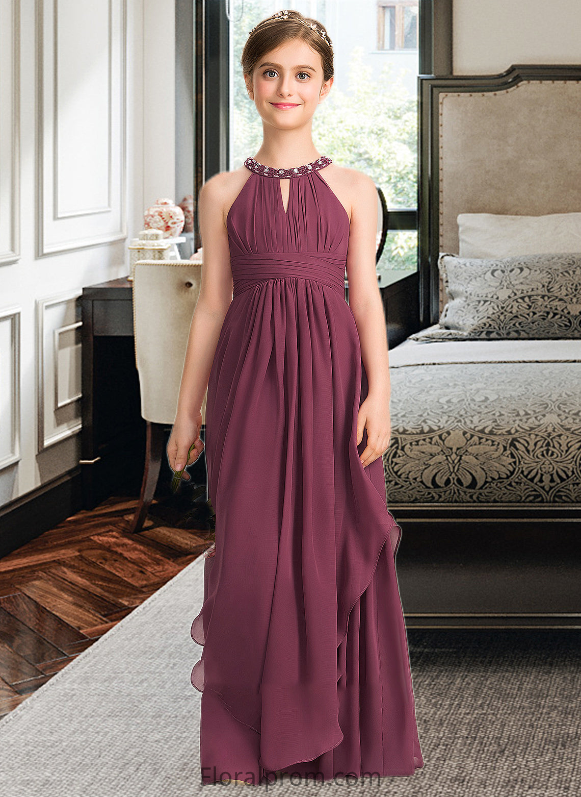 Yaretzi A-Line Scoop Neck Floor-Length Chiffon Junior Bridesmaid Dress With Ruffle Beading HJP0013313