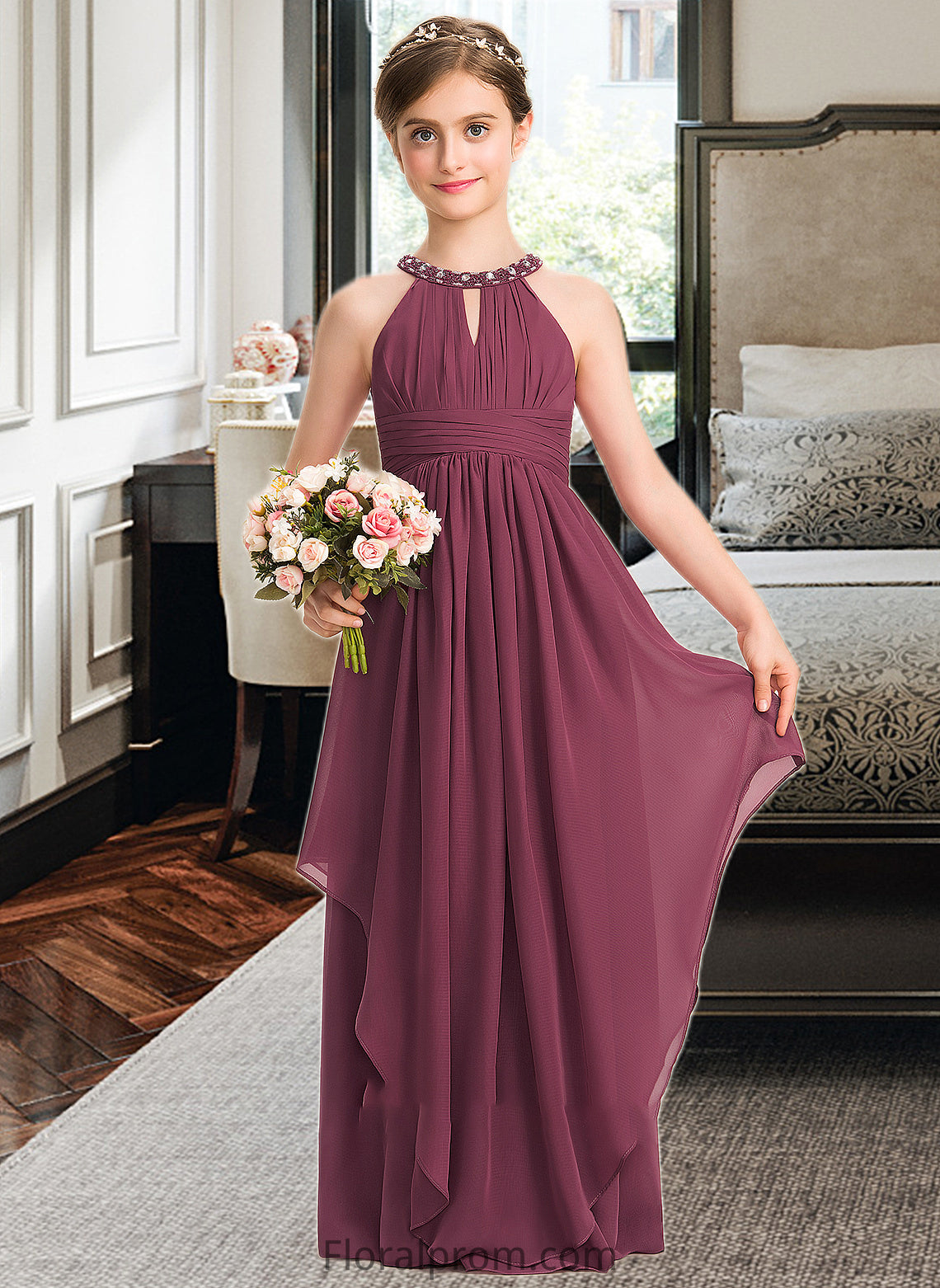 Yaretzi A-Line Scoop Neck Floor-Length Chiffon Junior Bridesmaid Dress With Ruffle Beading HJP0013313