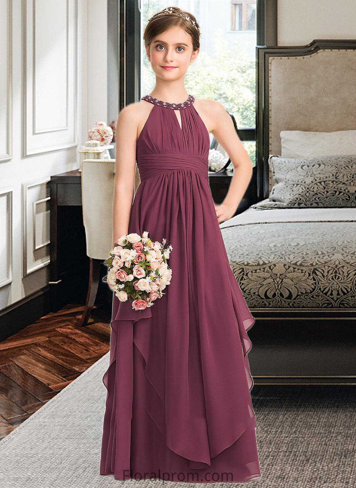 Yaretzi A-Line Scoop Neck Floor-Length Chiffon Junior Bridesmaid Dress With Ruffle Beading HJP0013313