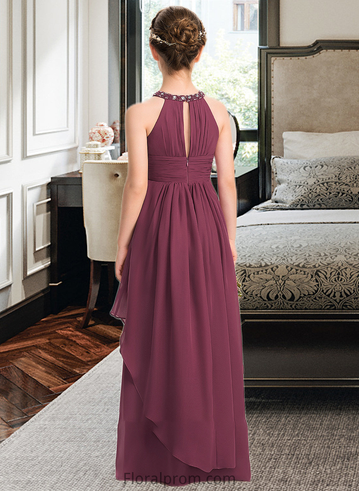 Yaretzi A-Line Scoop Neck Floor-Length Chiffon Junior Bridesmaid Dress With Ruffle Beading HJP0013313