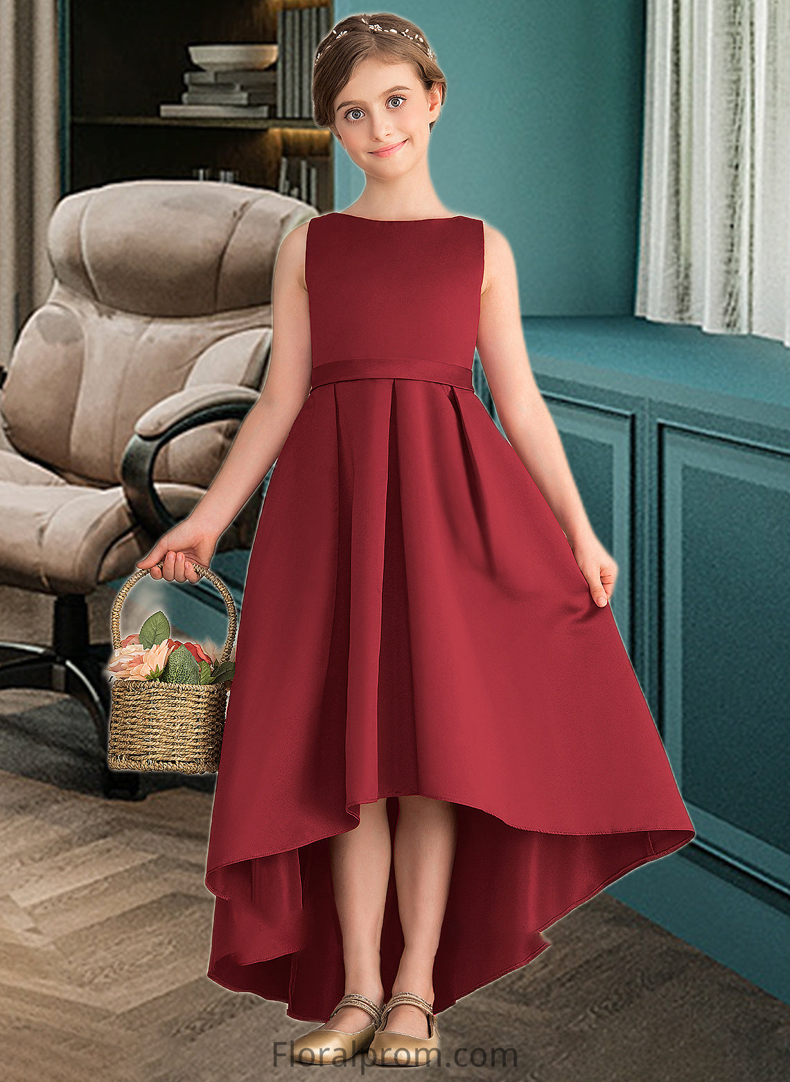 Yasmin A-Line Scoop Neck Asymmetrical Satin Junior Bridesmaid Dress With Ruffle Pockets HJP0013385